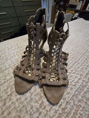 Vince Camuto Taupe Suede Lace-Up Gladiator Heels